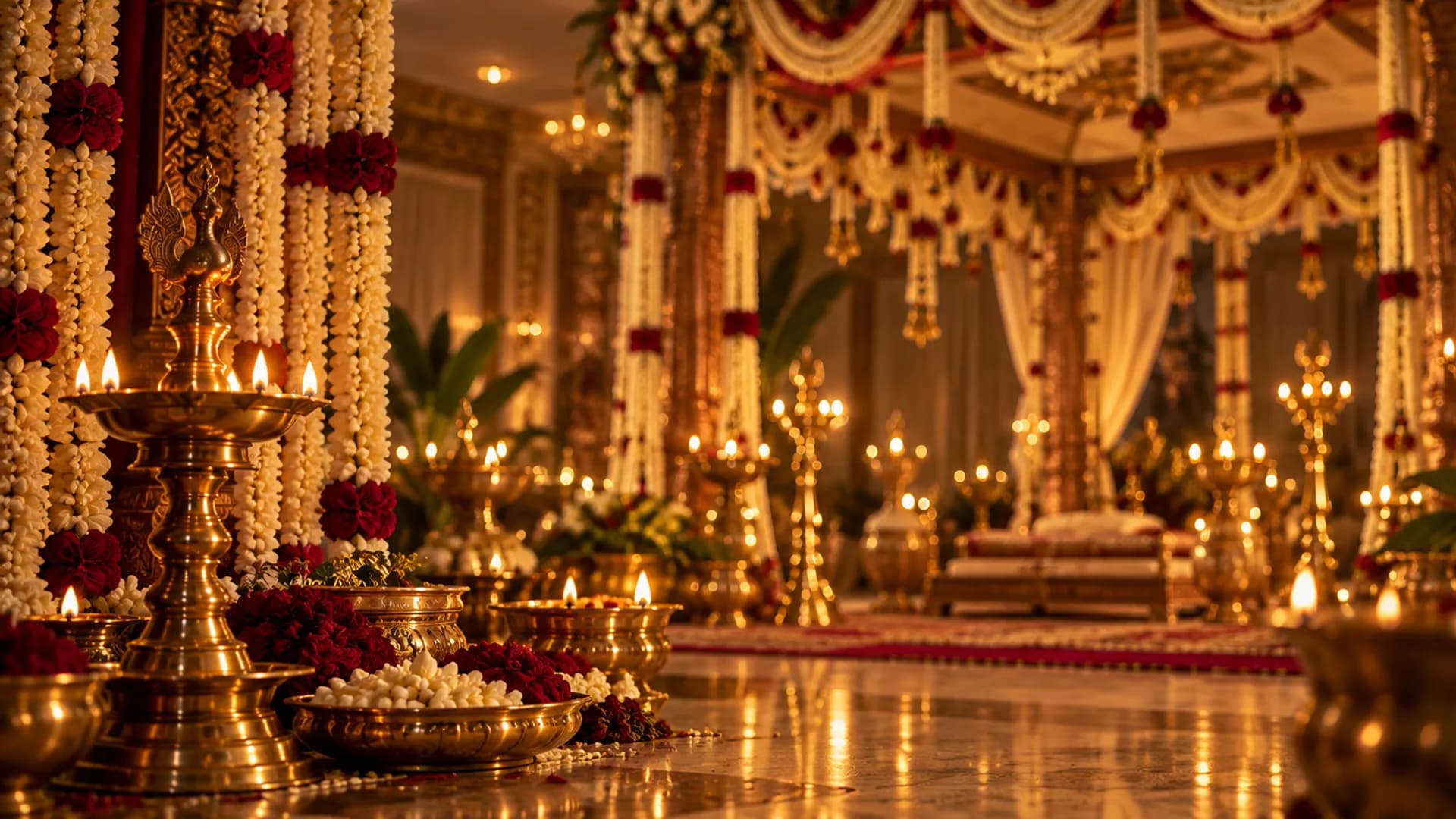 A garlanded mandapam lit by rows of brass lamps, reflected in a polished marble floor